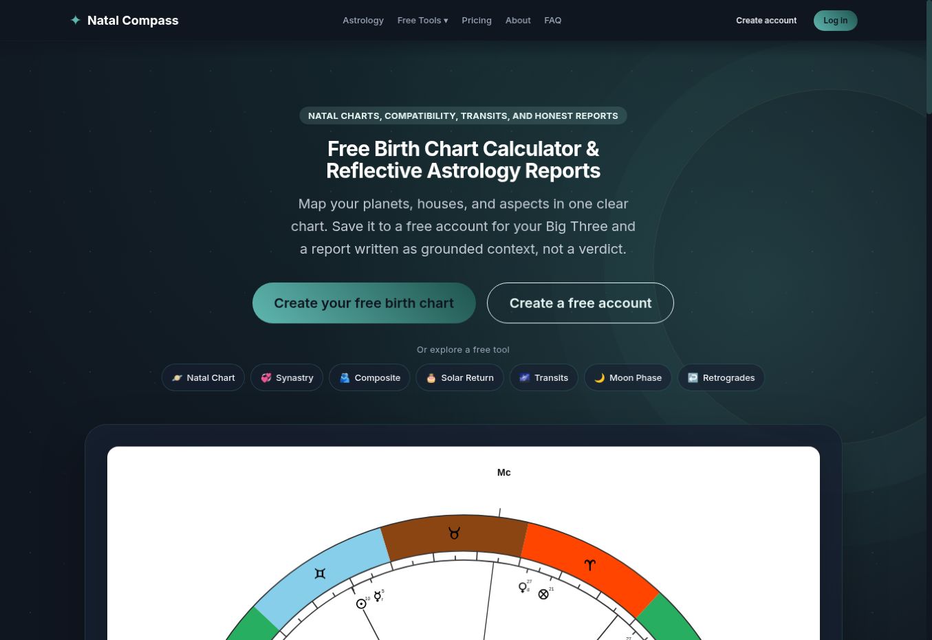 NatalCompass birth chart calculator and astrology report interface