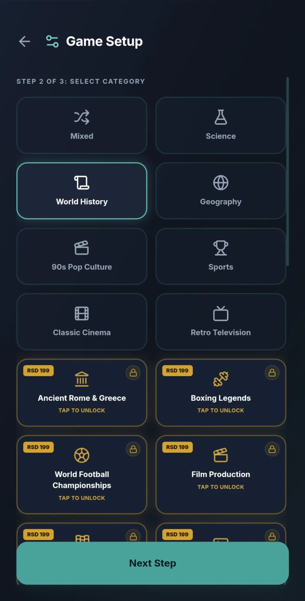 Rapid Fire Trivia category selection