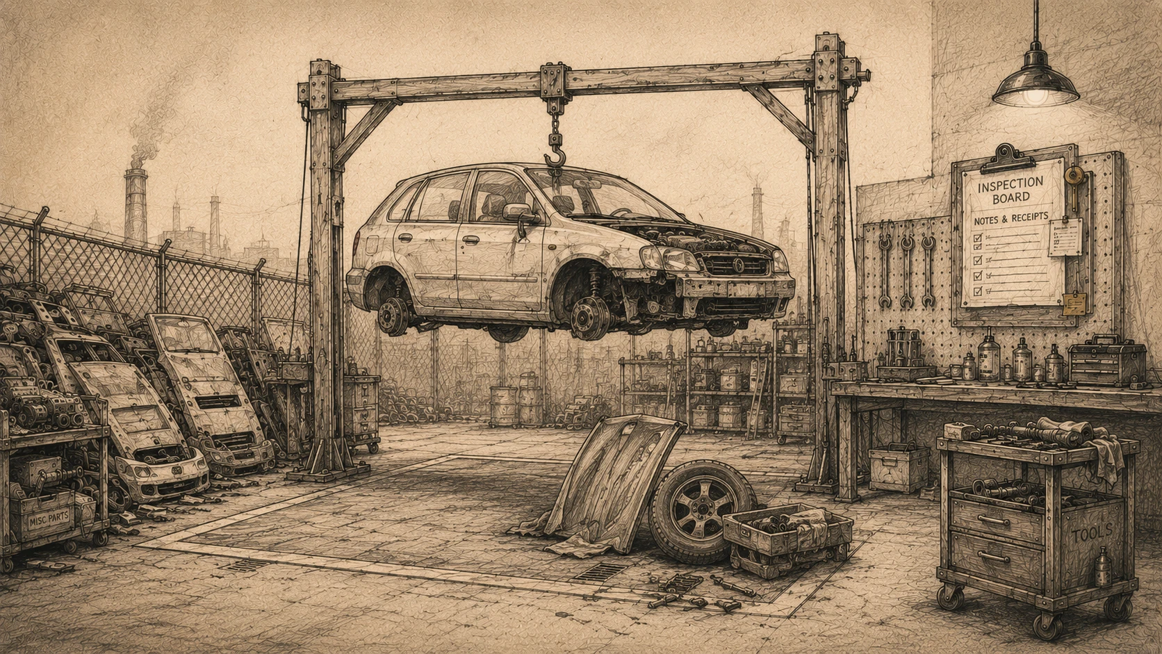 A hand-drawn salvage yard workshop in ScrapLab Motors